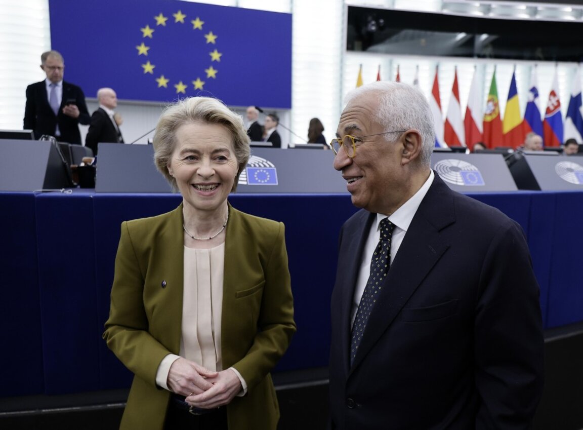 Урсула фон дер Лайен и Антонио Коща в пленарната зала в Страсбург, 22 януари 2025 г.